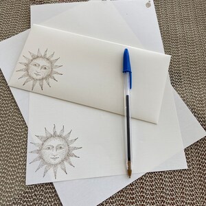 Hand made stationery set, writing paper with a mystic sun stamped on creamy, off-white writing paper, set of 30 pieces. image 3