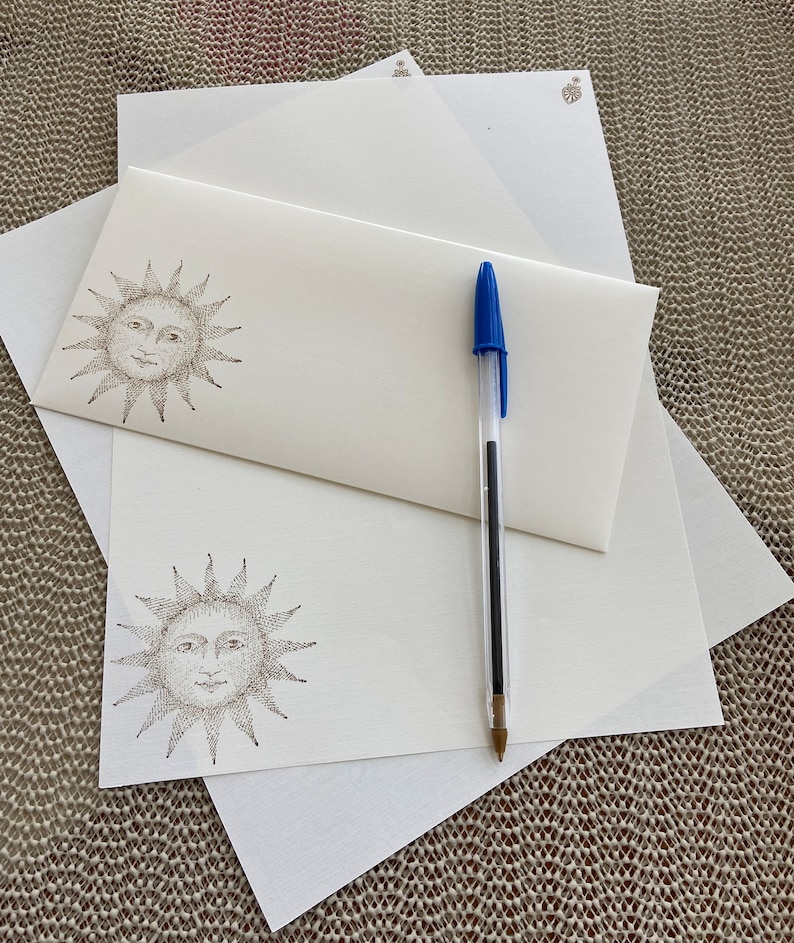 Hand made stationery set, writing paper with a mystic sun stamped on creamy, off-white writing paper, set of 30 pieces. image 3
