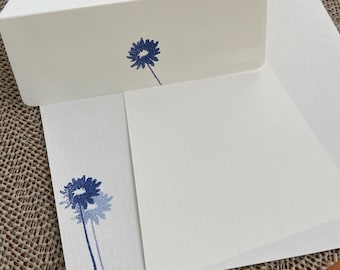 Handmade stationery set, writing paper with a blue flower hand stamped on creamy off-white writing paper, set of 30 pieces.