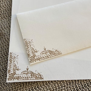 Hand made stationery set, writing paper with a shabby, vintage corner stamped on creamy off-white writing paper, set of 30 pieces.