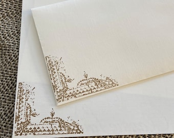 Hand made stationery set, writing paper with a shabby, vintage corner stamped on creamy off-white writing paper, set of 30 pieces.