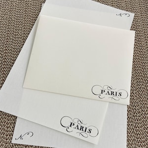 Handmade stationery set, writing paper with 'Paris' hand stamped on creamy off-white writing paper, set of 30 pieces.