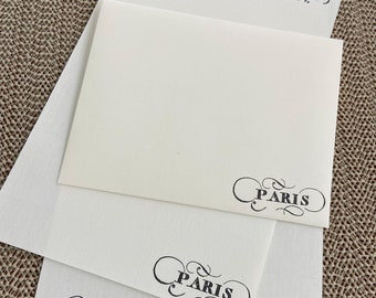 Handmade stationery set, writing paper with 'Paris' hand stamped on creamy off-white writing paper, set of 30 pieces.