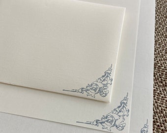 Handmade stationery set, writing paper with blue Italian corner motif stamped on creamy off-white writing paper, set of 30 pieces.