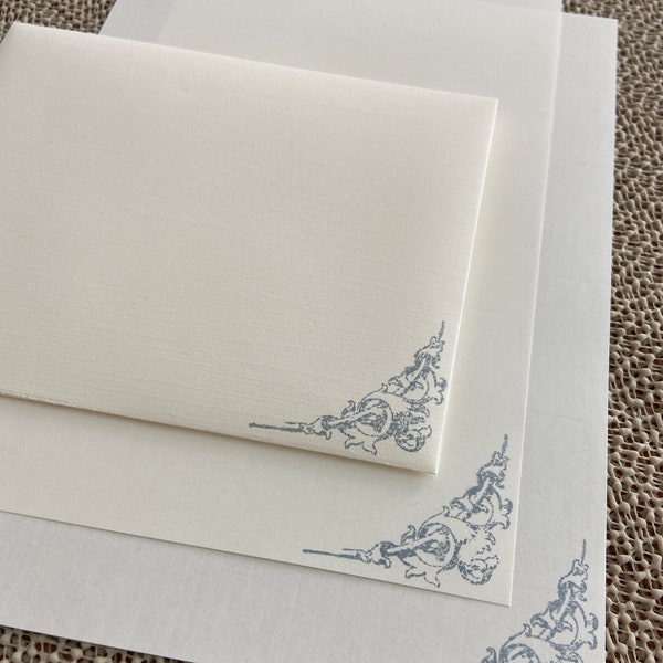 Handmade stationery set, writing paper with blue Italian corner motif stamped on creamy off-white writing paper, set of 30 pieces.