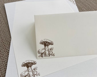Hand made stationery set, writing paper stamped with mushrooms and flowers on creamy off-white writing paper, set of 30 pieces.