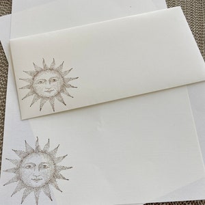 Hand made stationery set, writing paper with a mystic sun stamped on creamy, off-white writing paper, set of 30 pieces. image 4