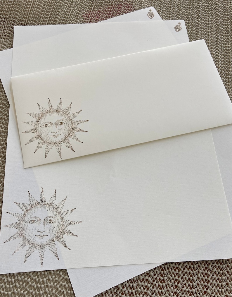Hand made stationery set, writing paper with a mystic sun stamped on creamy, off-white writing paper, set of 30 pieces. image 4