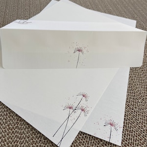Hand made stationery set, writing paper with hand colored pink flowers stamped on creamy off-white writing paper, set of 30 pieces.