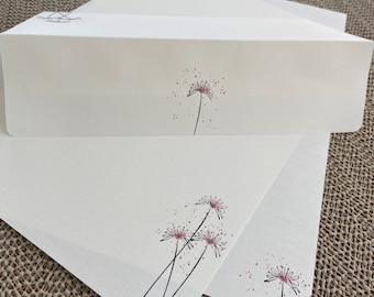 Hand made stationery set, writing paper with hand colored pink flowers stamped on creamy off-white writing paper, set of 30 pieces.