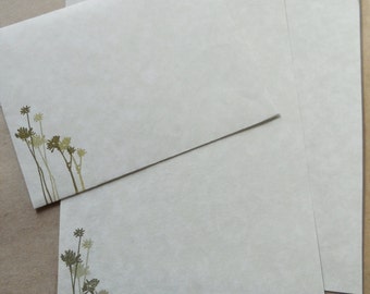 Parchment paper stationery set. Writing paper hand stamped with green flowers, set of 30.