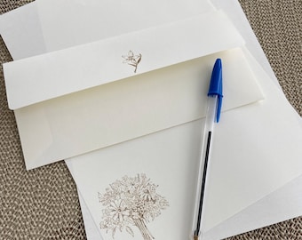 Hand made stationery set, writing paper with a large bunch of flowers stamped on creamy off-white writing paper, set of 30 pieces.