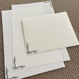 Handmade stationery set, writing paper with a fancy black corner scroll stamped on creamy off-white writing paper, set of 30 pieces.