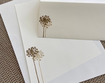 Hand made stationery set, writing paper stamped with a dandelion and its shadow on creamy off-white writing paper, set of 30 pieces.