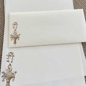 Hand made stationery set, writing paper stamped with French vintage flowers in a basket on creamy off-white writing paper, set of 30 pieces.