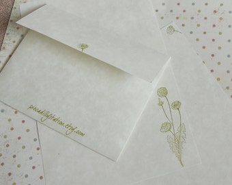 Parchment paper stationery set. Writing paper hand stamped with green flowered vines, set of 30.