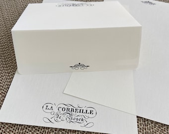 Handmade stationery set, French writing paper with 'La Corbeille' hand stamped on creamy off-white writing paper, set of 30 pieces.