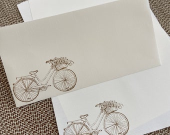 Hand made stationery set, writing paper with a vintage bicycle & flower basket stamped on creamy off-white writing paper, set of 30 pieces.