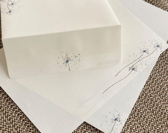 Handmade stationery set, writing paper with three blue flowers stamped and hand colored on creamy off-white writing paper, set of 30 pieces.