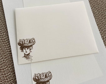 Handmade stationery set, vintage lady with a hat of angels hand stamped on creamy off-white writing paper, set of 30 pieces.