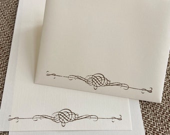 Handmade stationery set, writing paper with a vintage scroll stamped on creamy off-white writing paper, set of 30 pieces.