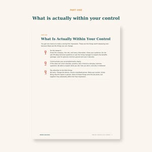 May include: A printed page titled What Is Actually Within Your Control, featuring three numbered points in dark teal and orange text on a cream background. The content provides advice on job interviews, including research, communication, and preparation.