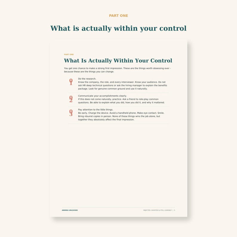 May include: A printed page titled What Is Actually Within Your Control, featuring three numbered points in dark teal and orange text on a cream background. The content provides advice on job interviews, including research, communication, and preparation.