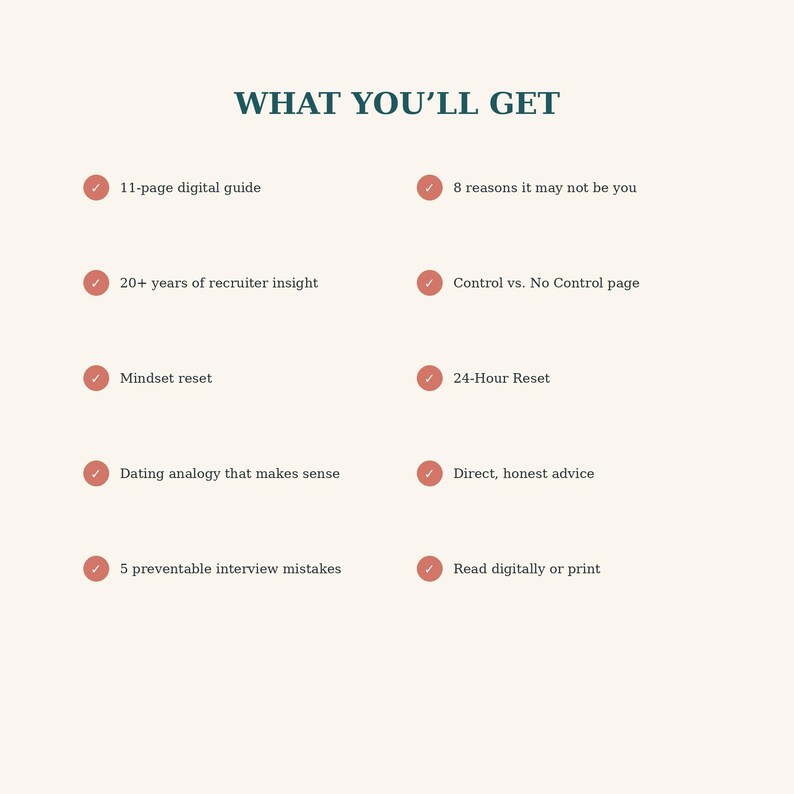 May include: A digital guide information sheet with the heading WHAT YOU'LL GET in dark green text. It lists ten features with small red checkmark icons, including an 11-page digital guide, 20+ years of recruiter insight, mindset reset, and direct advice.
