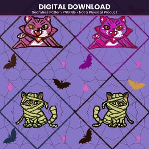 May include: A digital seamless pattern featuring pixel art style illustrations of vampire cats and mummy cats arranged in a diamond grid. The background is a light purple color with a dark spiderweb overlay, small bats, and pink spider icons.