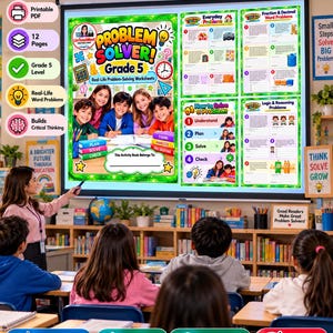 May include: A digital display of a Grade 5 math worksheet set titled Problem Solver. The main cover features four children at a desk, with additional pages showing Everyday Problems, Fraction & Decimal Word Problems, and Logic & Reasoning Problems.