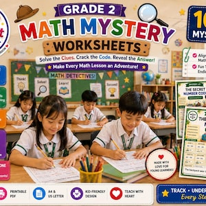 May include: Grade 2 Math Mystery Worksheets featuring 10 fun math mysteries, including The Secret Number Code, The Lost Treasure, and The Classroom Mystery. The printable educational set includes interactive activities, skill-building exercises, and math standards alignment for young learners.