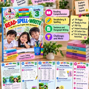 May include: A Grade 3 English skills workbook titled Read-Spell-Write featuring a cover with three children, educational icons, and text including Reading Comprehension, Vocabulary, Spelling, and Writing. Includes sample pages, a stack of books, and a plant.