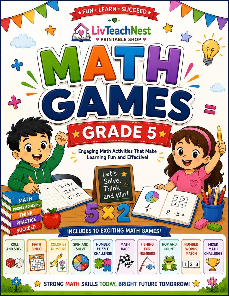 Grade 5 Math Games | 12 Printable Activities, No Prep Centers (PDF ...