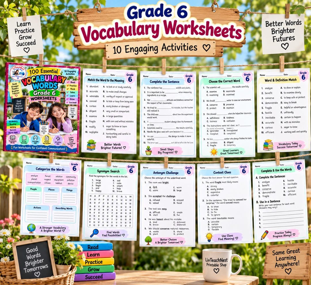 Activity Pags For Grade R Grade 6 Vocabulary Worksheets – 100 Essential Words, 10 Activities (PDF ...