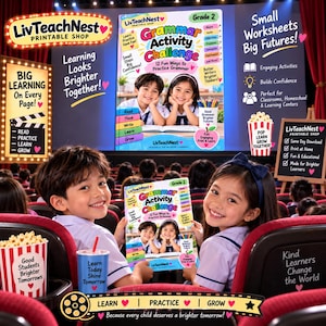Puede incluir: Un libro de ejercicios Grammar Activity Challenge de grado 2 con texto y gráficos coloridos. La portada muestra niños, temas educativos como sustantivos y verbos, y el logotipo de LivTeachNest, sostenido por dos niños en un entorno de cine.