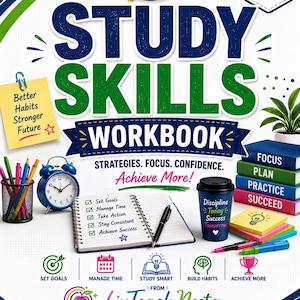 Peut inclure: Un cahier d'exercices Study Skills pour les niveaux 11-12 avec une toque de diplômé bleue, un post-it jaune, un réveil bleu, un carnet à spirales, un gobelet bleu avec du texte et des livres empilés marqués Focus, Plan, Practice, Succeed.