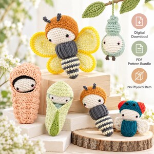 Cute Bug Crochet Pattern Bundle PDF, Butterfly Bee Fairy, Ladybug, Caterpillar, Kawaii Garden Amigurumi Dolls, Digital Download image 2