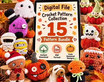 Pacchetto PDF con 15 modelli all'uncinetto per le festività: fantasmi di Halloween, zucche, mummie, gnomi di Natale, amigurumi di pan di zenzero, download digitale.