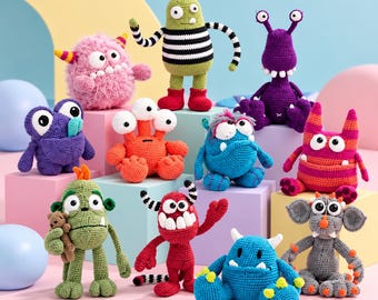 Pacchetto di modelli PDF per mostri carini all'uncinetto, creature amigurumi divertenti, peluche alieni colorati, modelli di giocattoli strani e carini, download digitale