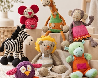 Knitted Animal Toy Patterns PDF Bundle, Giraffe, Zebra, Monkey, Hippo, Lion, Owl and Mouse Plushie Patterns, Digital Download