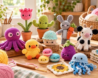 Kawaii Amigurumi Crochet Pattern Bundle PDF, Cute Animals, Food Plushies, Flowers, Cactus, Mini Crochet Toys, Digital Download