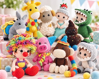 Funny Amigurumi Crochet Pattern Bundle PDF, Whimsical Animal Plushies, Clown Doll, Giraffe, Sheep, Costume Toys, Digital Download