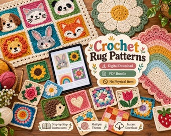 Granny Square Crochet Pattern Bundle PDF, Animal and Flower Squares, Fox, Frog, Bunny, Rainbow Motifs, Blanket Patterns, Digital Download