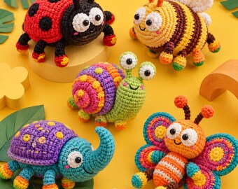 Pacchetto di modelli PDF per realizzare simpatici insetti all'uncinetto: coccinella, ape, lumaca arcobaleno, farfalla, elefante amigurumi, download digitale.