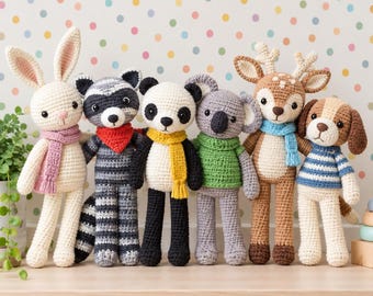 Modelli PDF per bambole di animali all'uncinetto: coniglietto dalle zampe lunghe, procione, panda, koala, cervo e cucciolo amigurumi, download digitale.