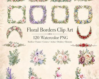 Floral Borders Clip Art, 120 Watercolor PNG Frames, Corners and Arches
