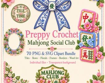 Paquete de Mahjong, 70 diseños preppy en formato PNG y SVG con fichas, lazos y motivos florales.
