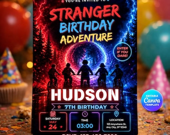 Invito di compleanno a tema Stranger Adventure, festa per bambini in stile retrò fantascientifico (download digitale)