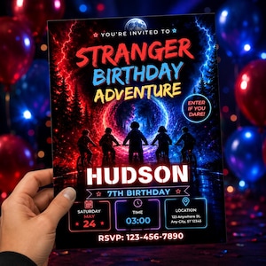 Zaproszenie urodzinowe Stranger Adventure, impreza dla dzieci w stylu retro science fiction (do pobrania w wersji cyfrowej)