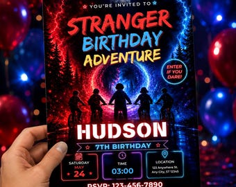 Invito di compleanno a tema Stranger Adventure, festa per bambini in stile retrò fantascientifico (download digitale)